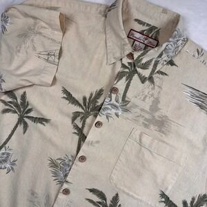 Paradise Blue Button Up Shirt Men Large Tan Silk Cotton Tropical Palm Sailboat
